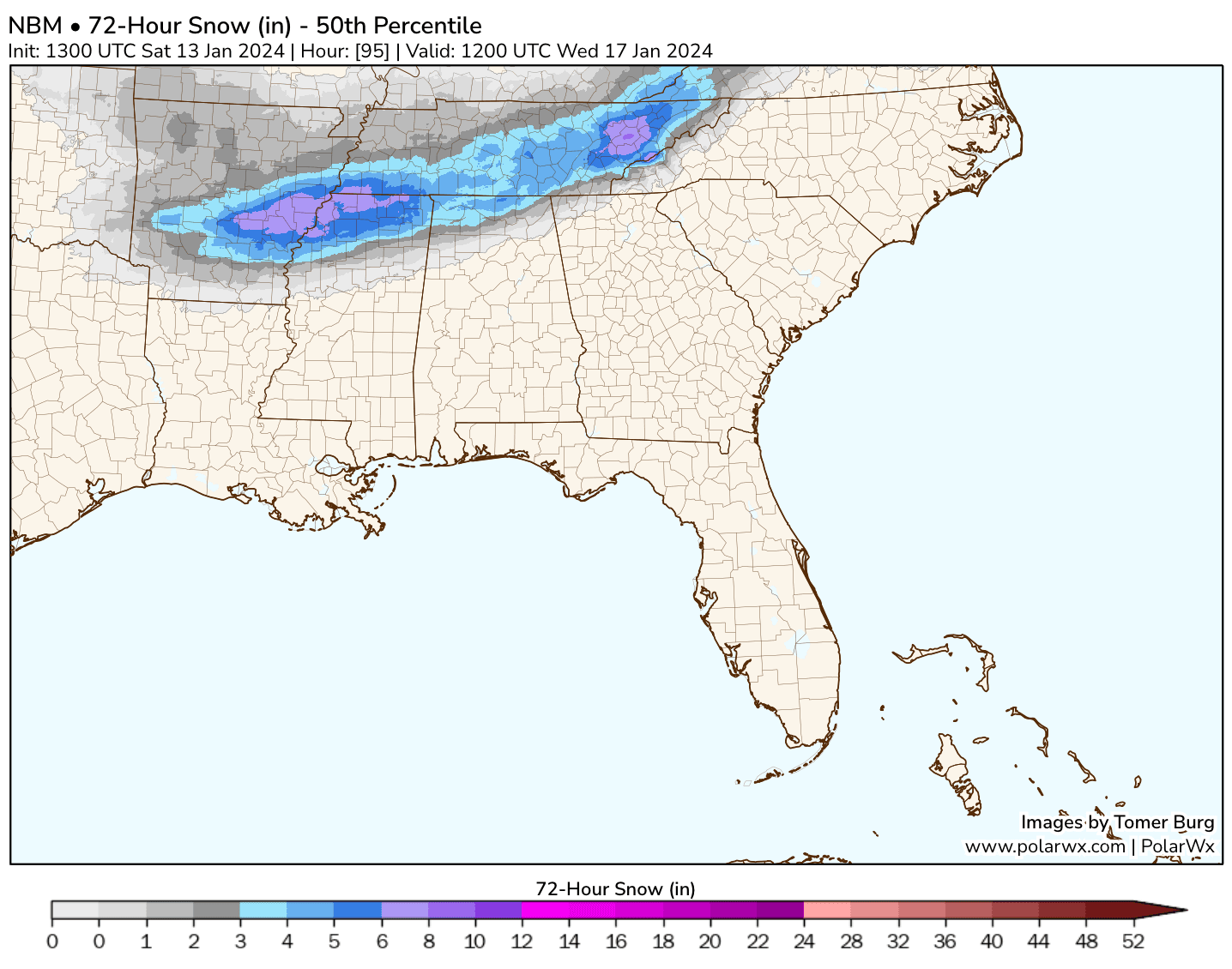 72-Hour Snow Accumulation Forecast (most likely to occur if warm nose is farther north and causes ice mixing issues)