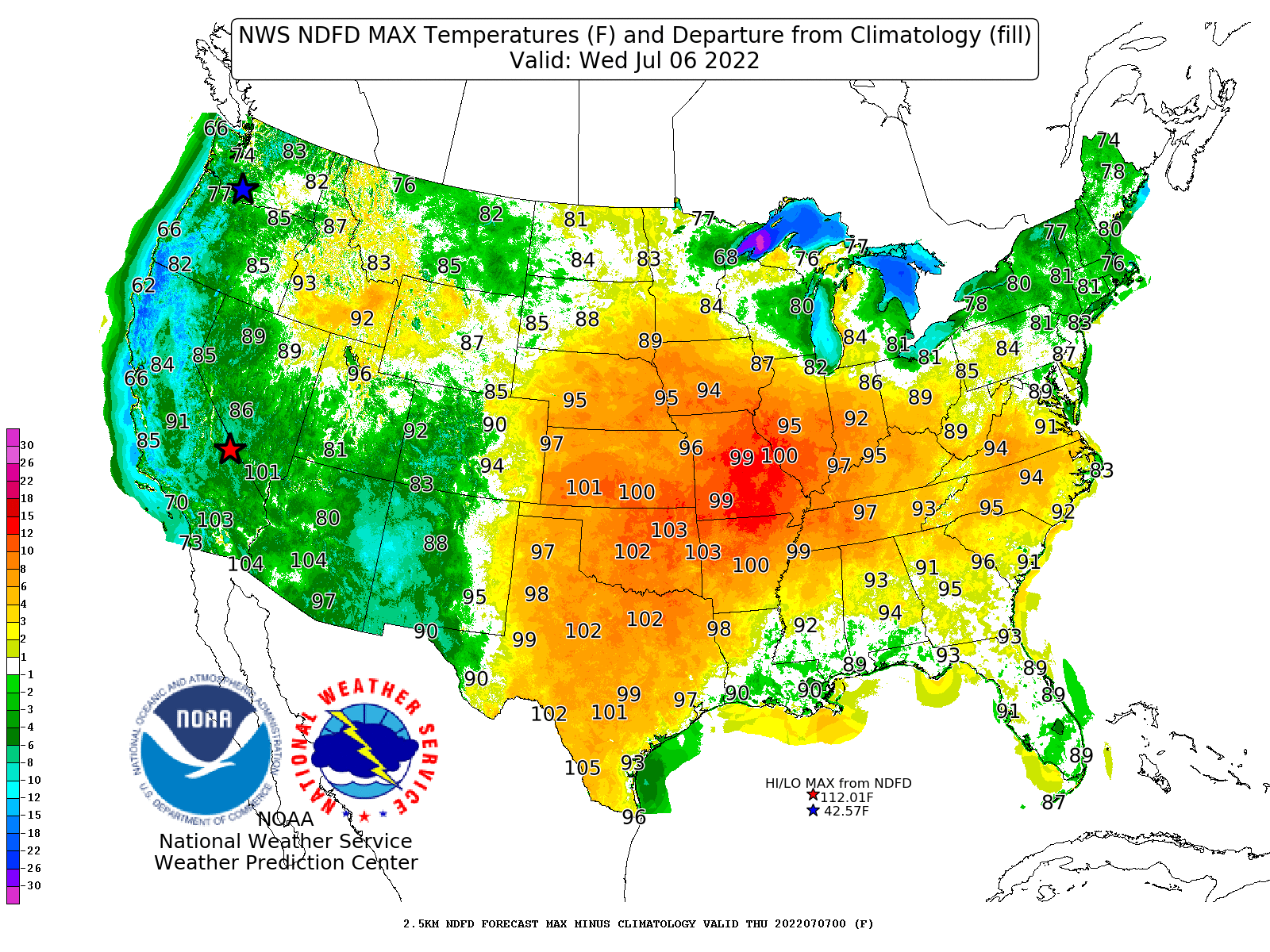 Wednesday, July 6, 2022 High Temperatures and Departures from Average