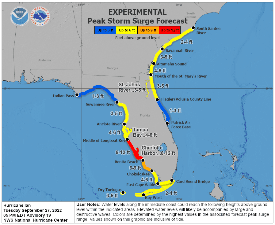 Hurricane Ian Storm Surge Forecast – September 27, 2022