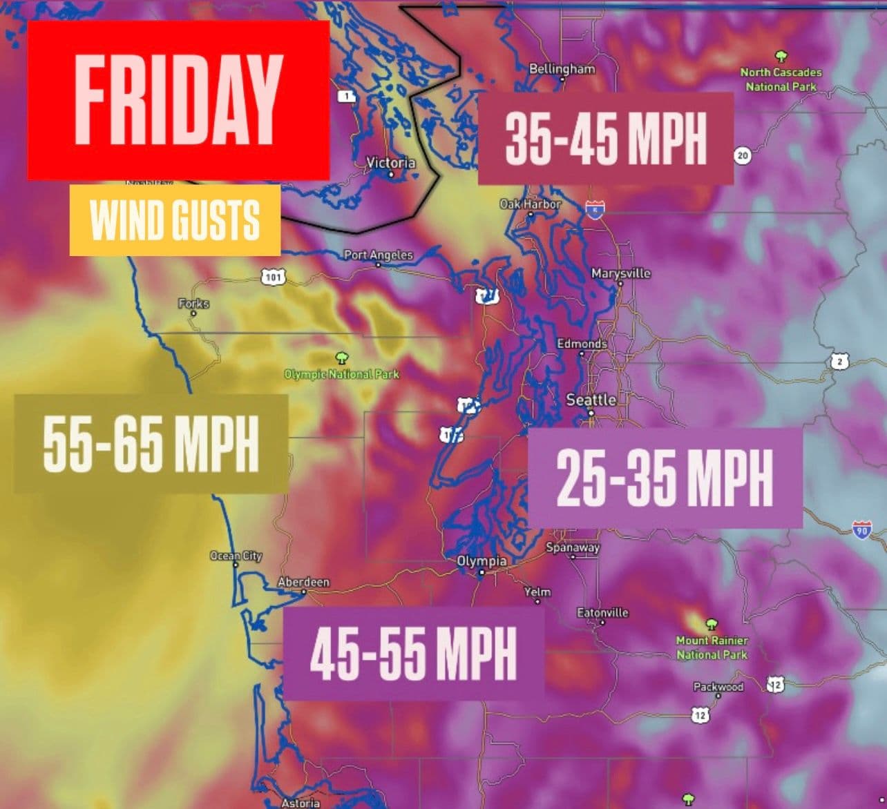  Friday's maximum wind gust forecast