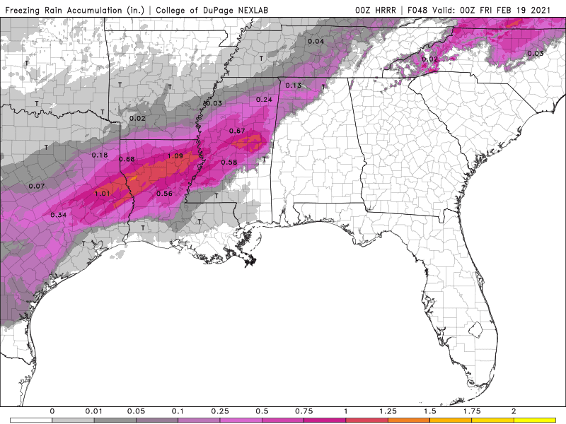 HRRR Ice Accumulation Projections over the next 48 Hours