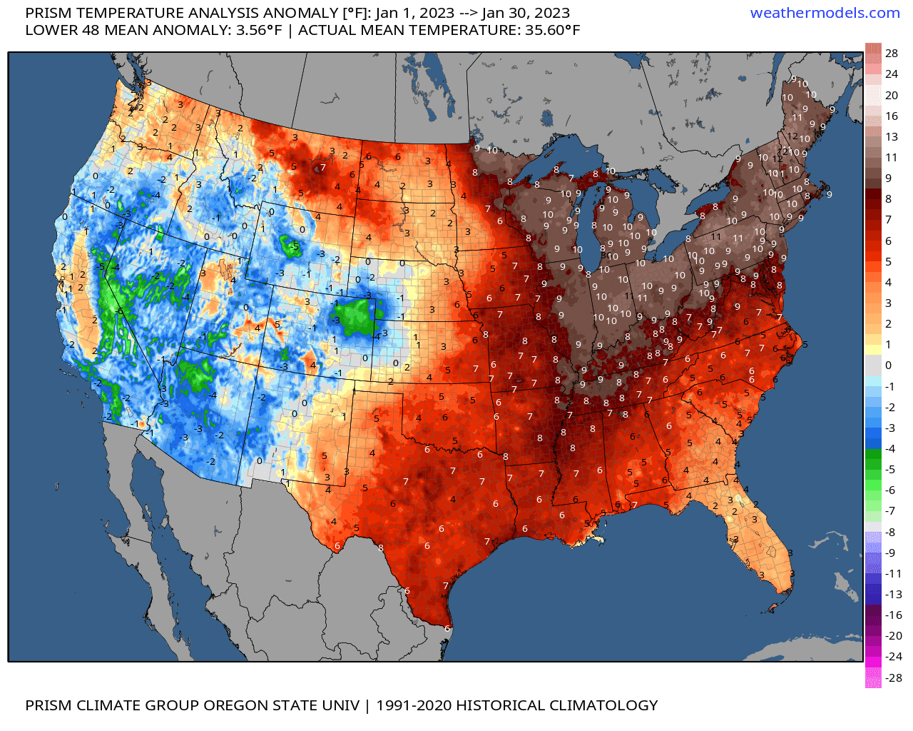 January temperature departure from average