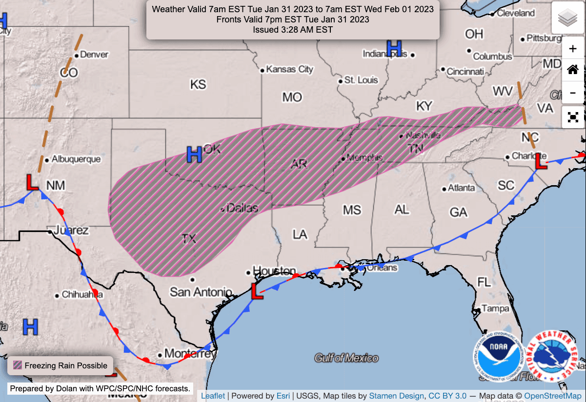 Freezing rain forecast Tuesday-Wednesday mornings, Jan 31-Feb 1, 2023