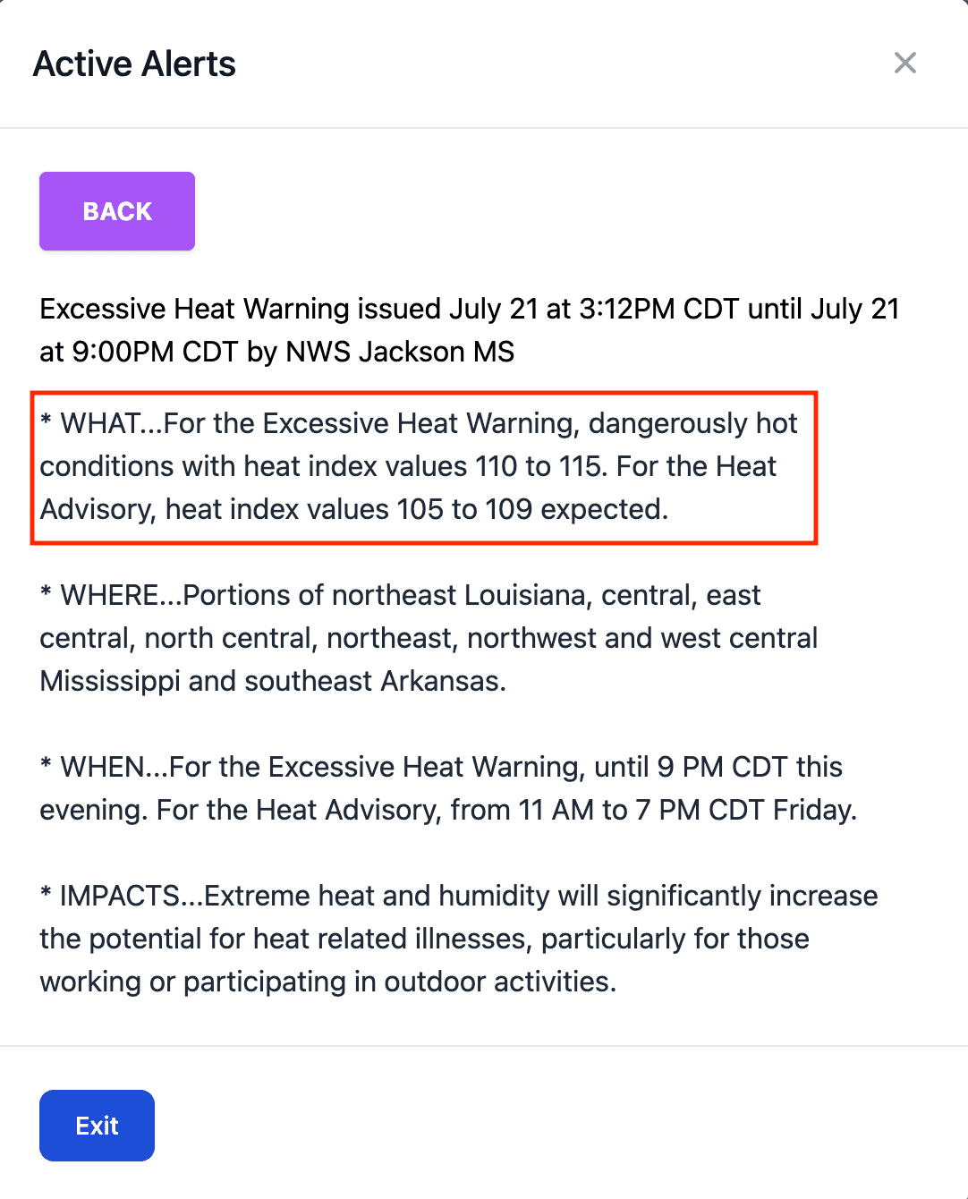 Excessive heat warning example from Mississippi