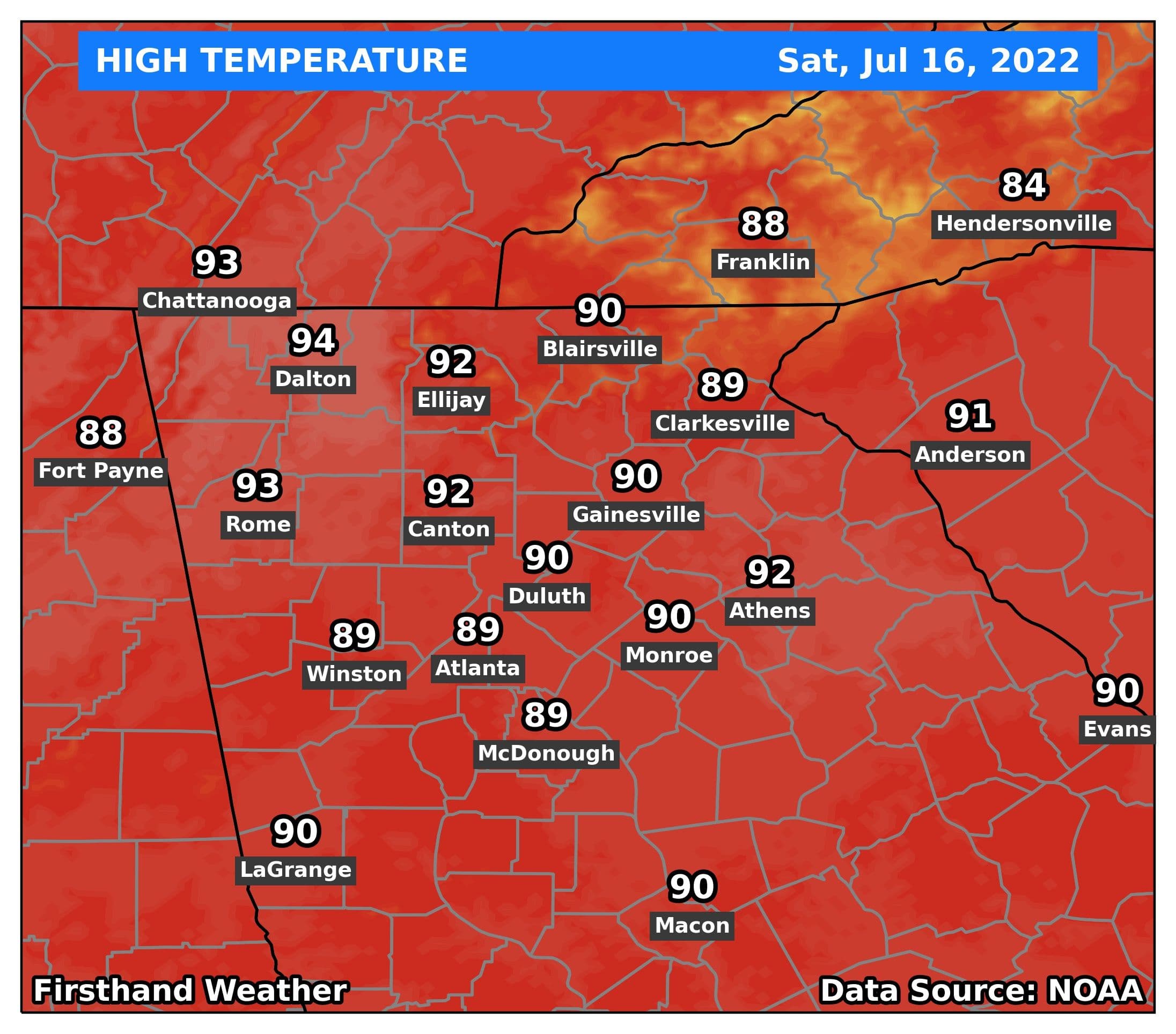 Saturday afternoon high temperatures