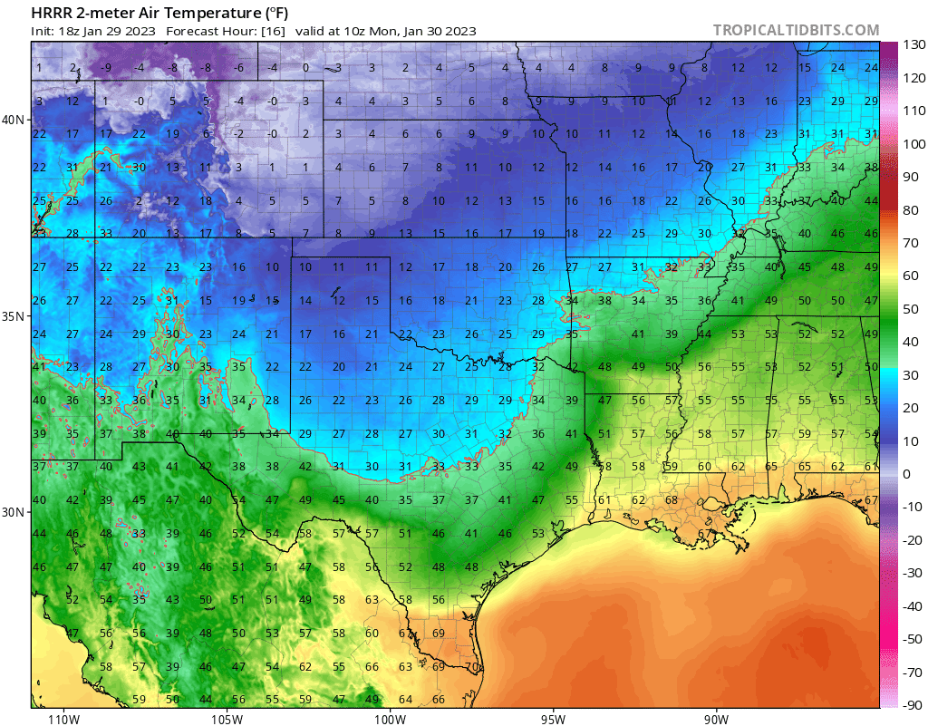 Projected temperatures around sunrise Monday morning, Jan. 30, 2023