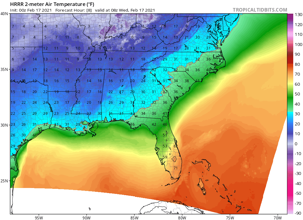 Projected temperatures by overnight early Wednesday morning