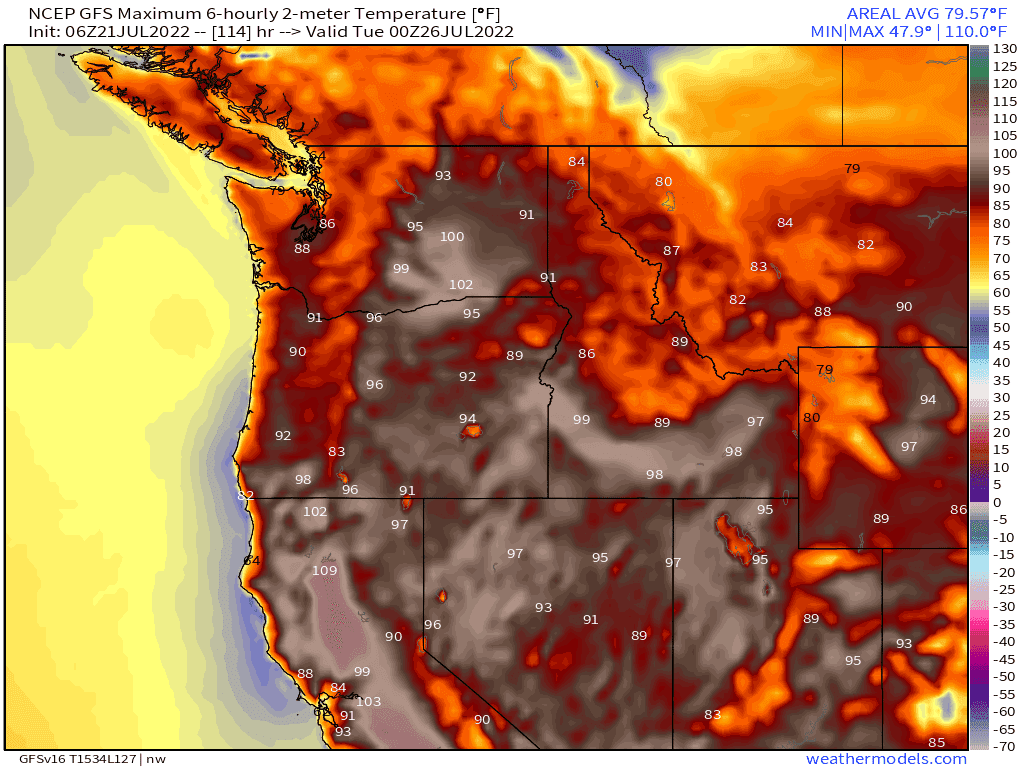 GFS modeled Monday, July 25 afternoon temperatures