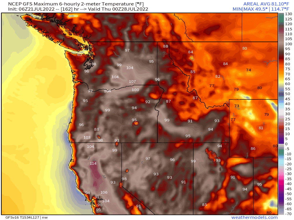 GFS modeled Wednesday, July 27 afternoon temperatures