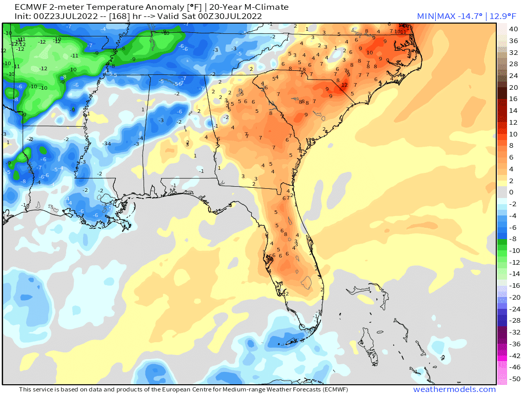 Friday afternoon temperature departure from average