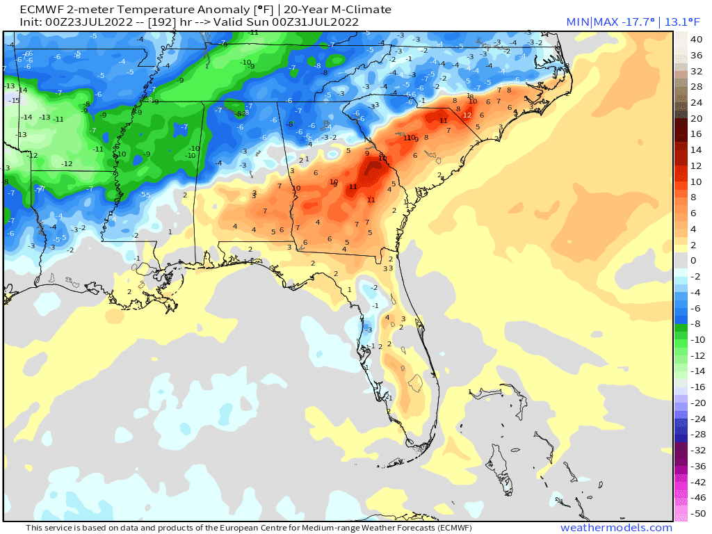 Saturday afternoon temperature departure from average