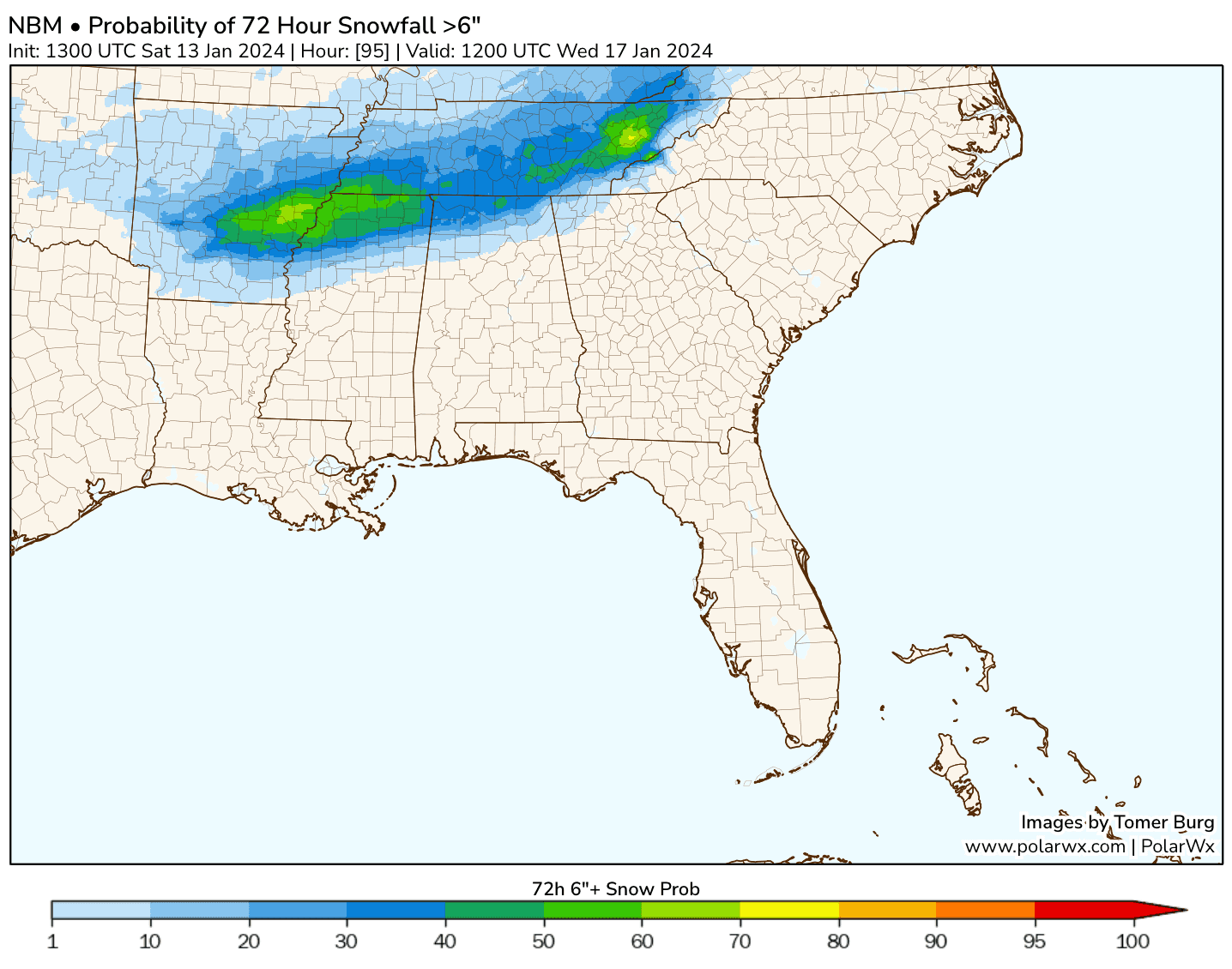 Probability of 6 inches of snow or more