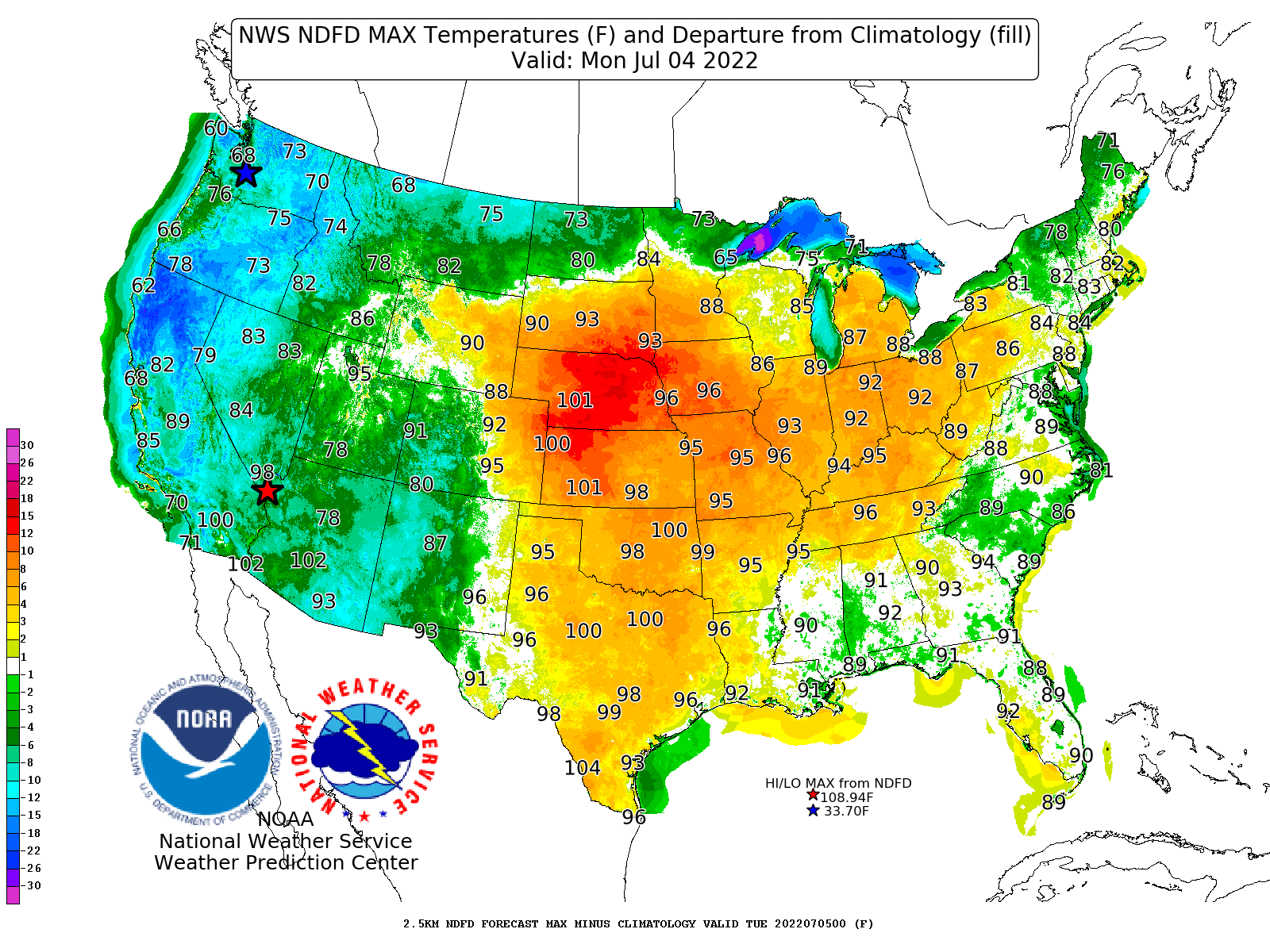 July 4, 2022 High Temperatures and Departures from Average