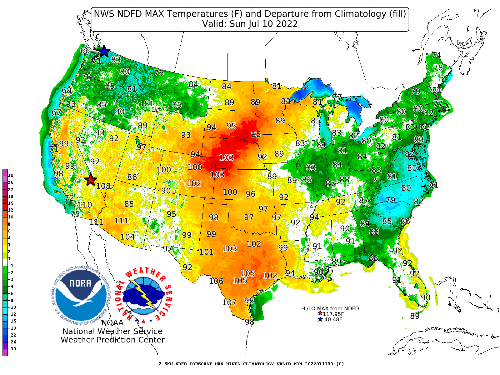 High temperature forecast for Sunday, July 10, 2022