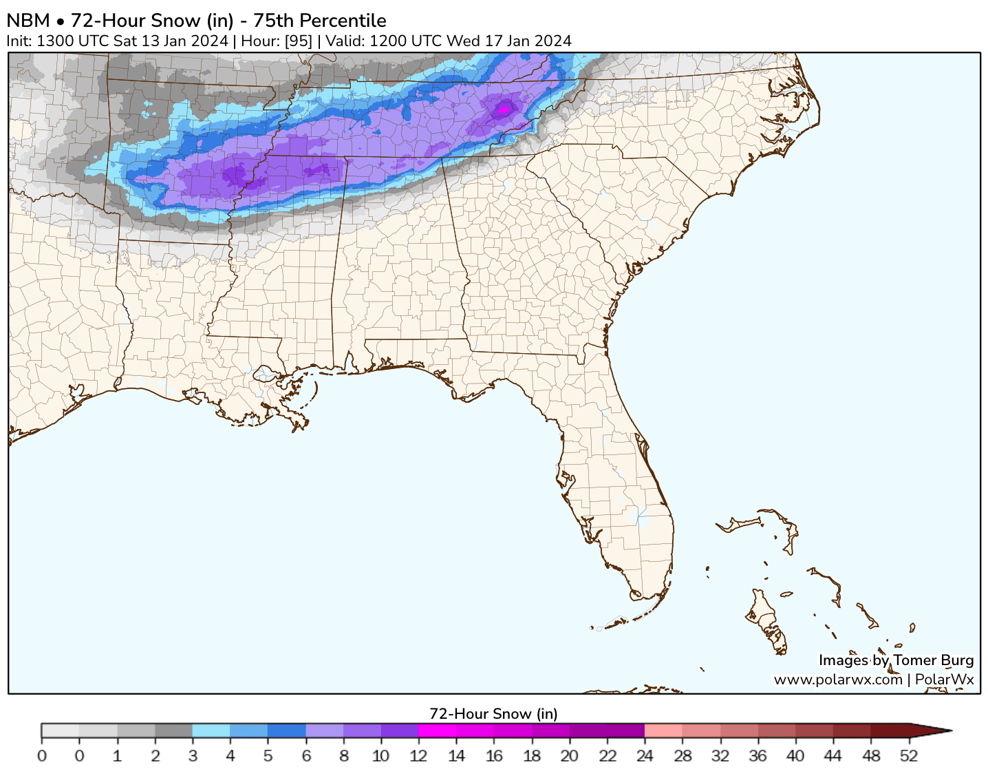72-Hour Snow Accumulation Forecast (most likely to occur if all snow and at least moderate snow rate))