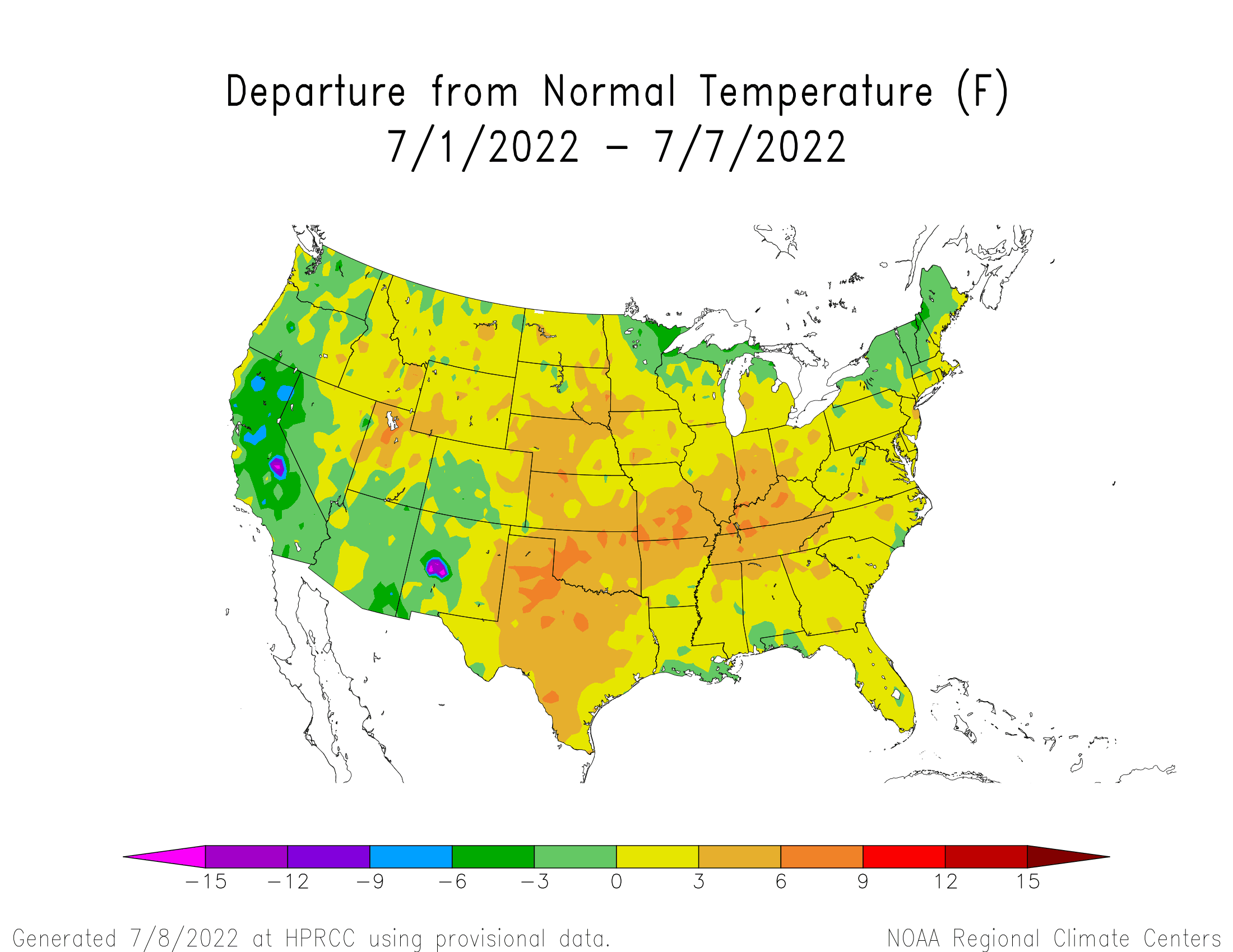 Temperature departures over the last 7 days: July 1-7, 2022