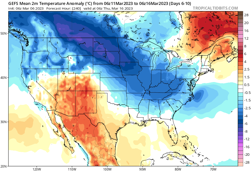 Forecast temperature departure from average this weekend into mid-next week