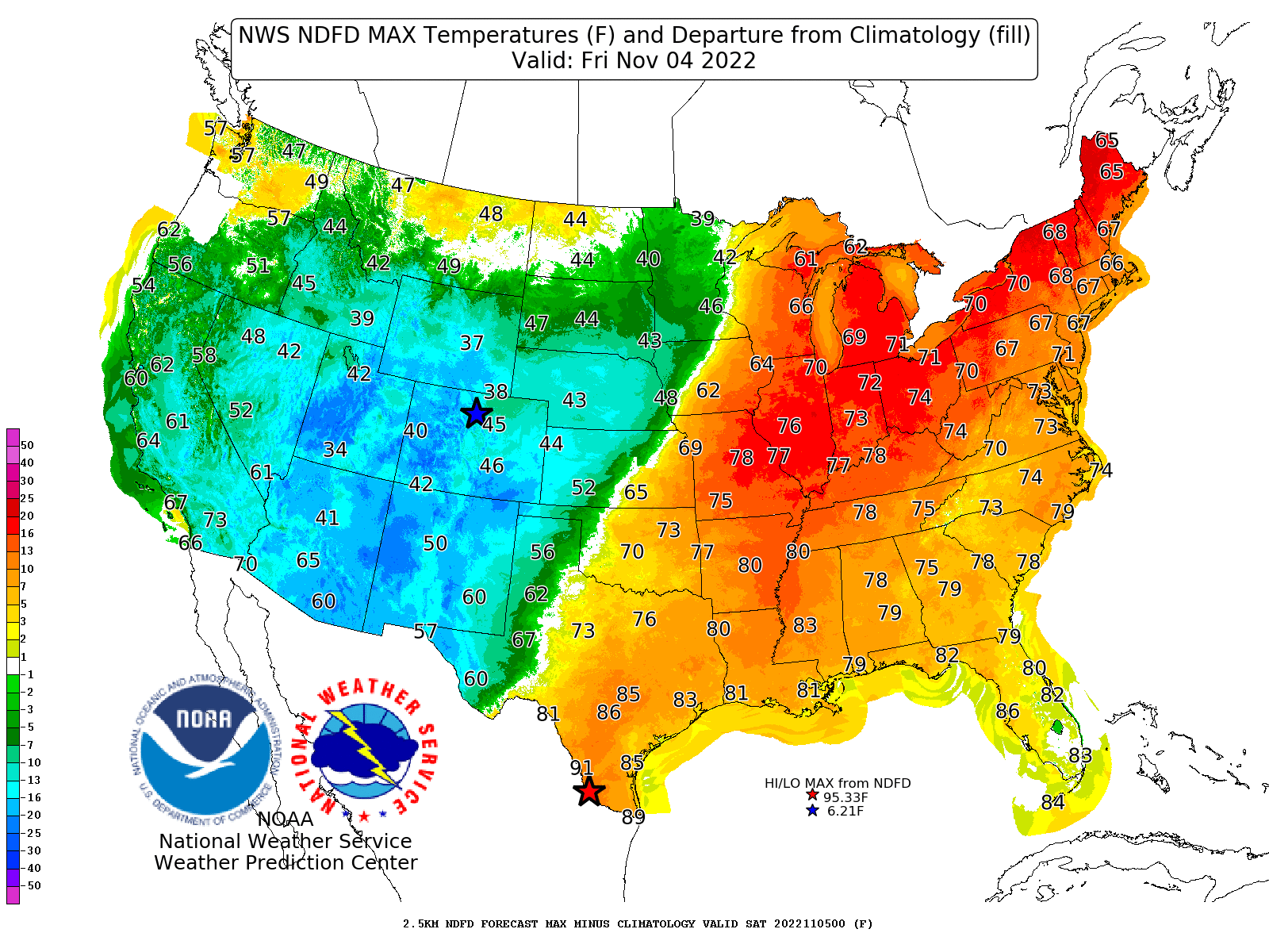High temperature forecast and departures from average for Friday, November 2, 2022