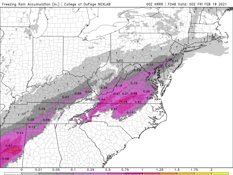 HRRR Ice Accumulation Projections over the next 48 Hours
