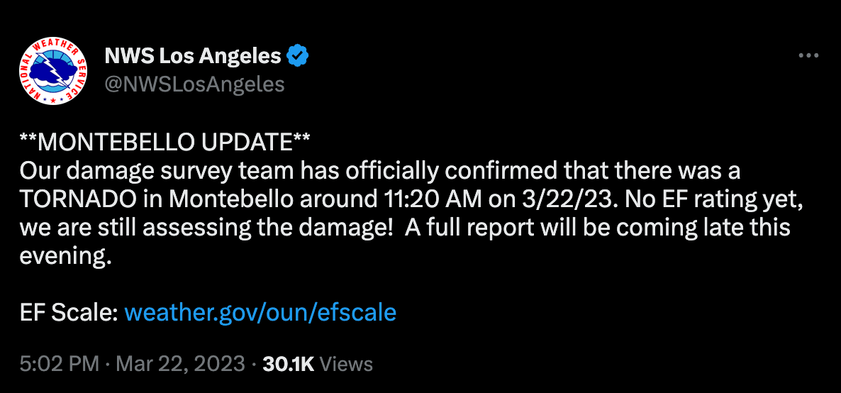 Los Angeles NWS tweet about Montebello tornado