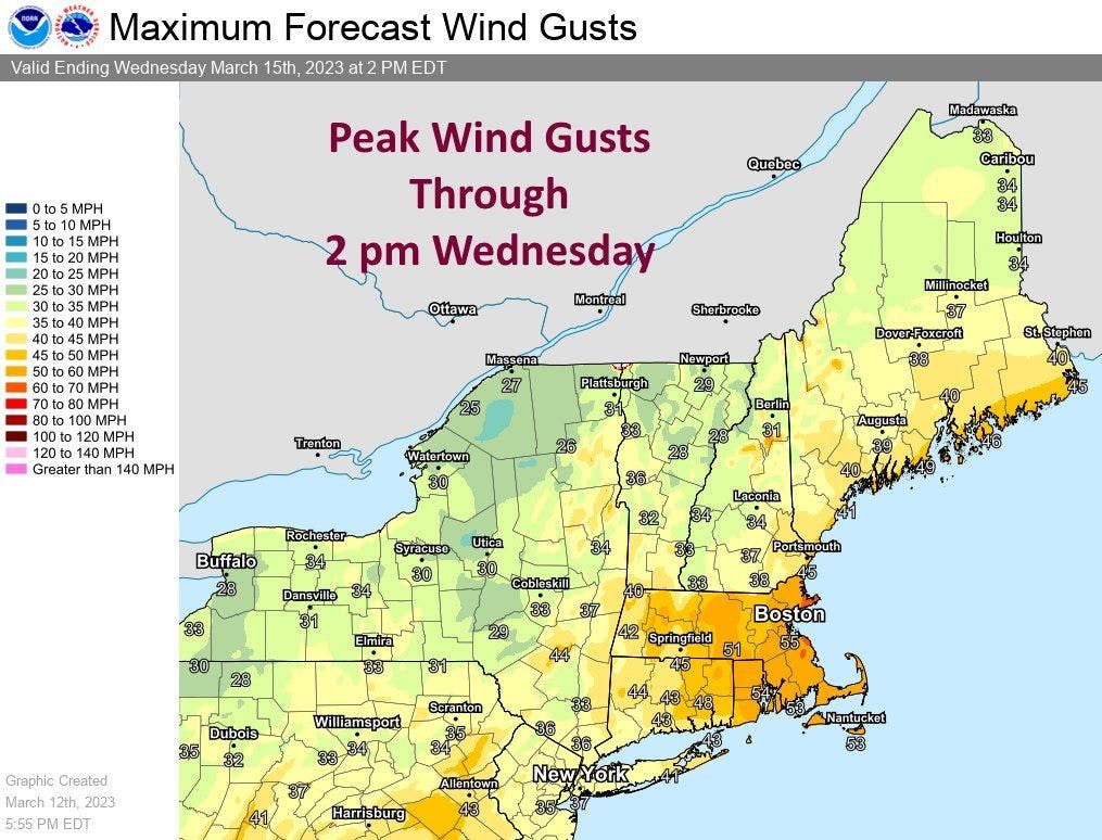Maximum wind gust forecast through Wednesday afternoon