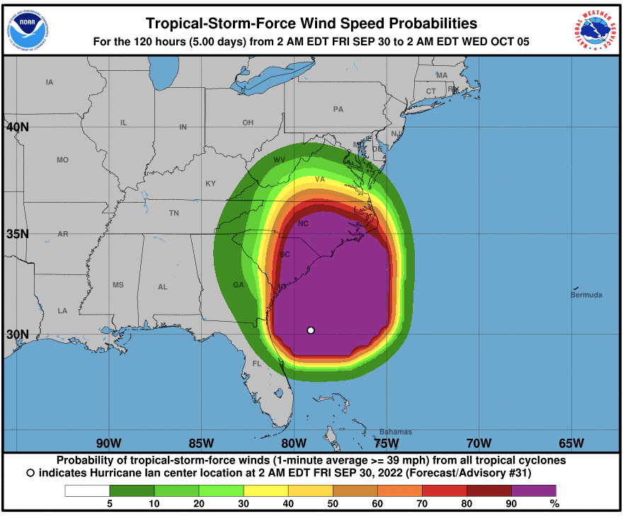 Tropical storm force wind speed probability
