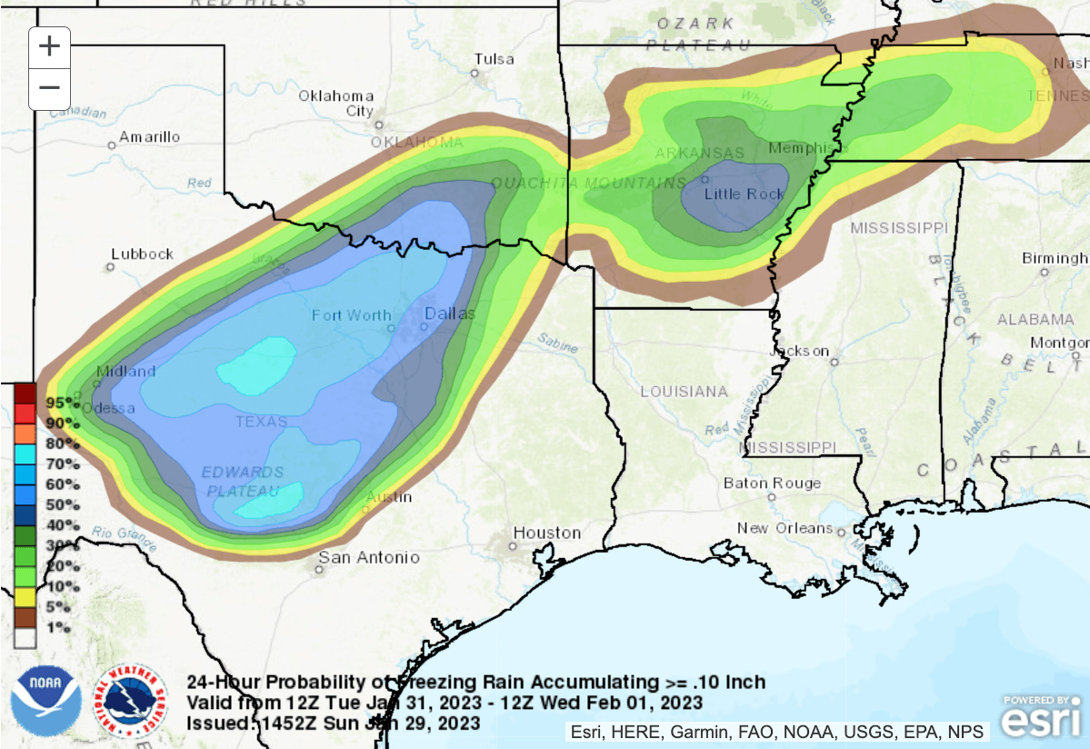 24-h ice accumulations greater than 0.1 inches Tuesday-Wednesday mornings (Jan. 31-Feb.1, 2023)