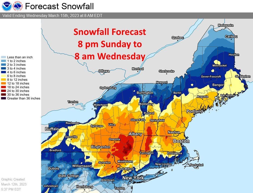 Snowfall forecast through Wednesday morning