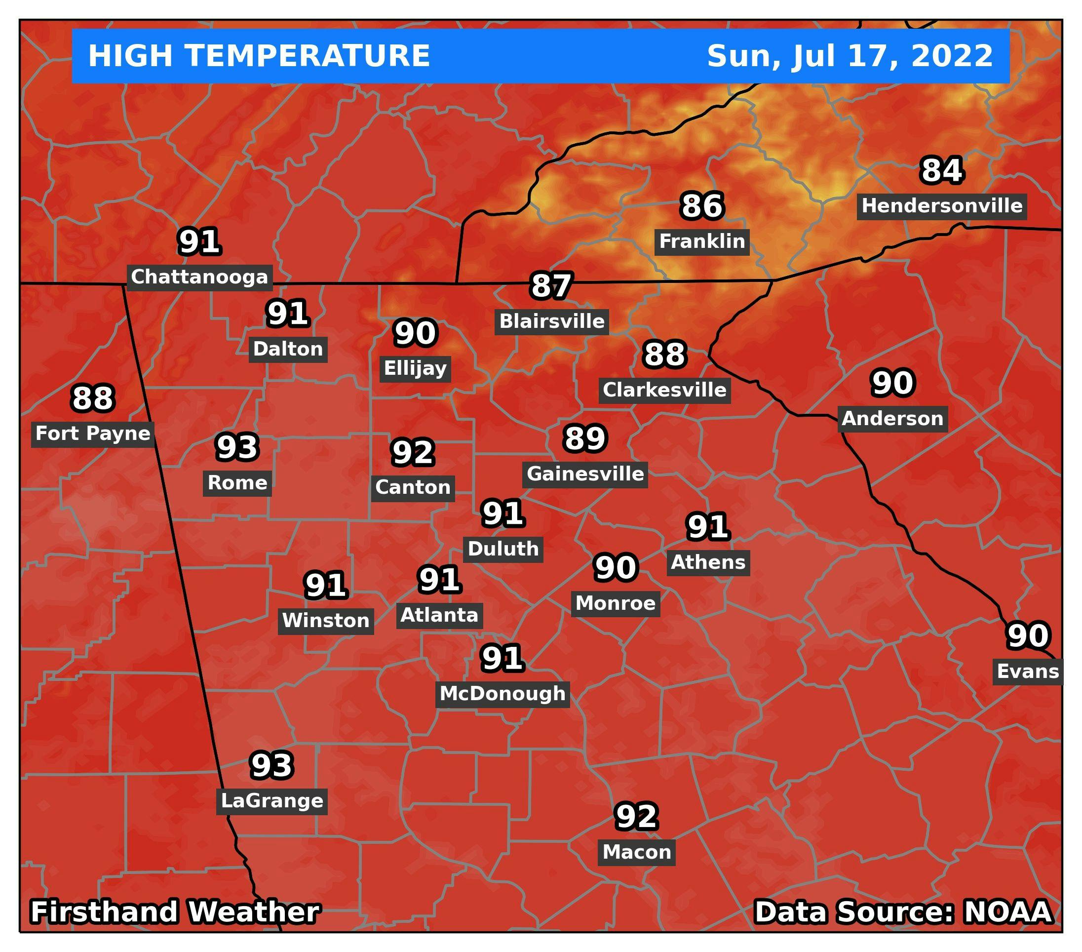 Sunday afternoon high temperatures