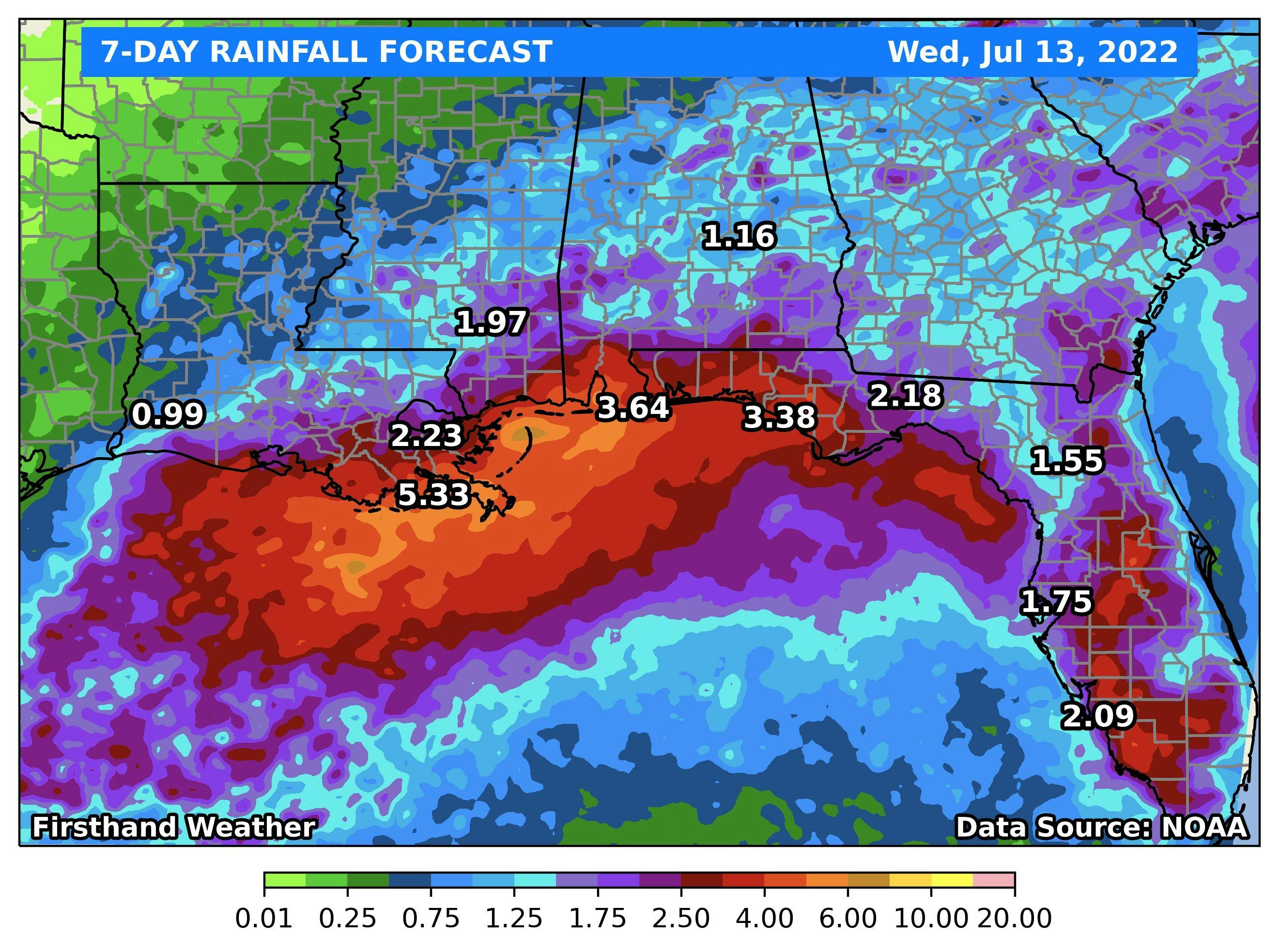 7-day rainfall forecast for Southeast and Florida: July 13-20, 2022