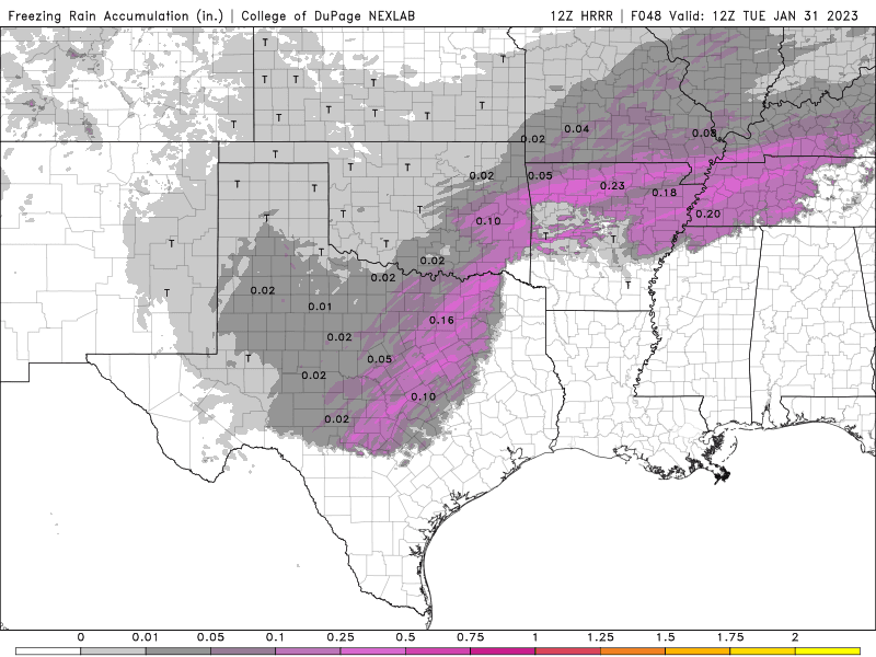 Projected freezing rain accumulations through Tuesday morning, Jan. 31, 2023