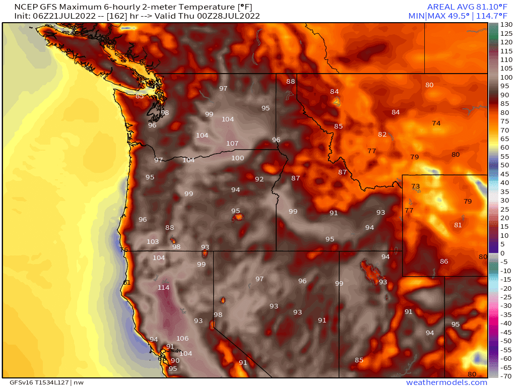 GFS modeled Wednesday, July 27 afternoon temperatures