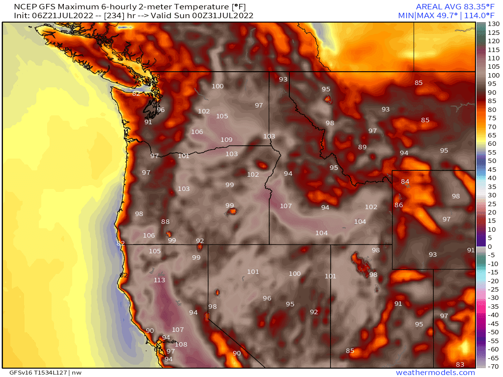 GFS modeled Saturday, July 30 afternoon temperatures