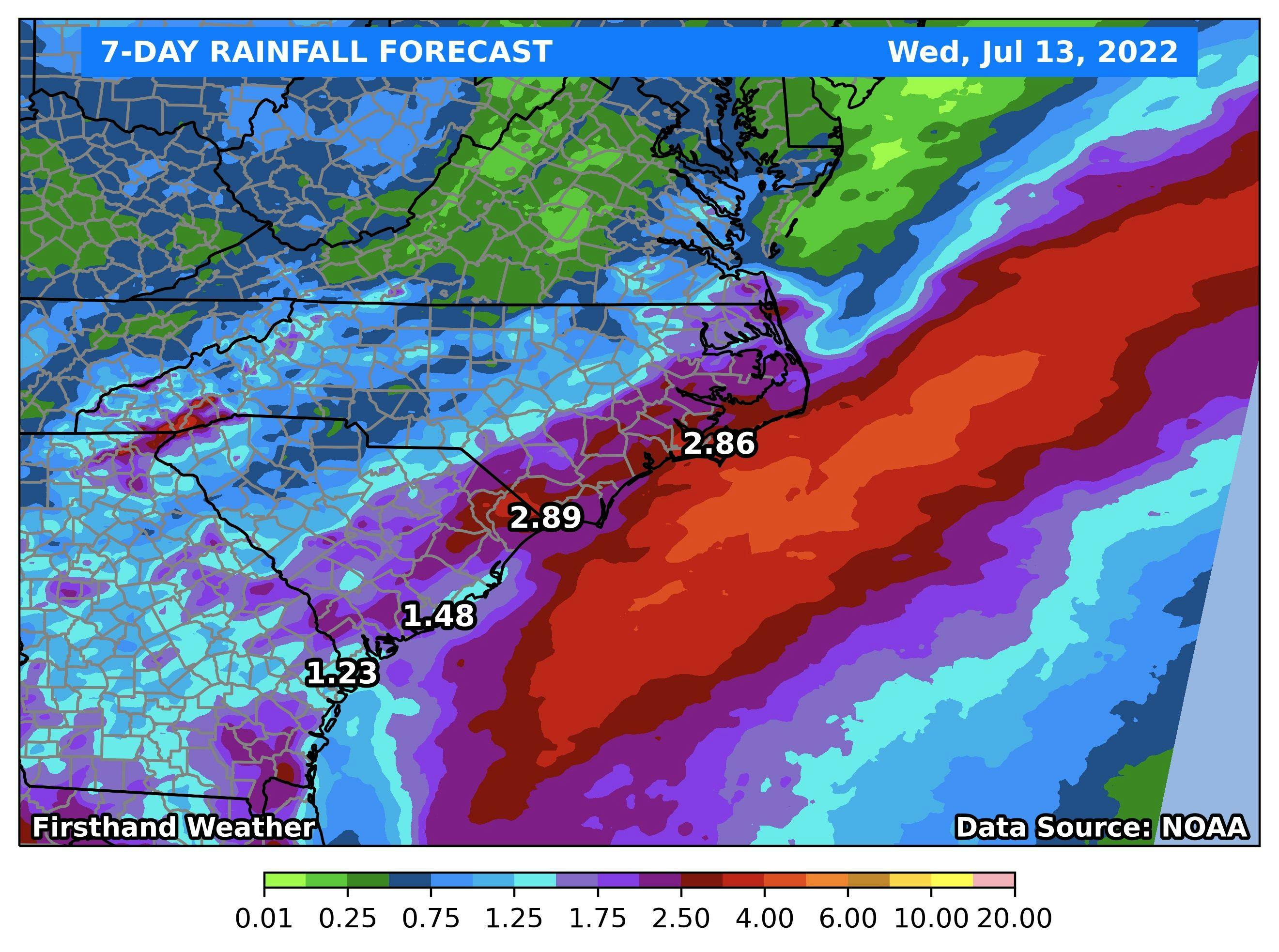 7-day rainfall forecast for Carolinas: July 13-20, 2022
