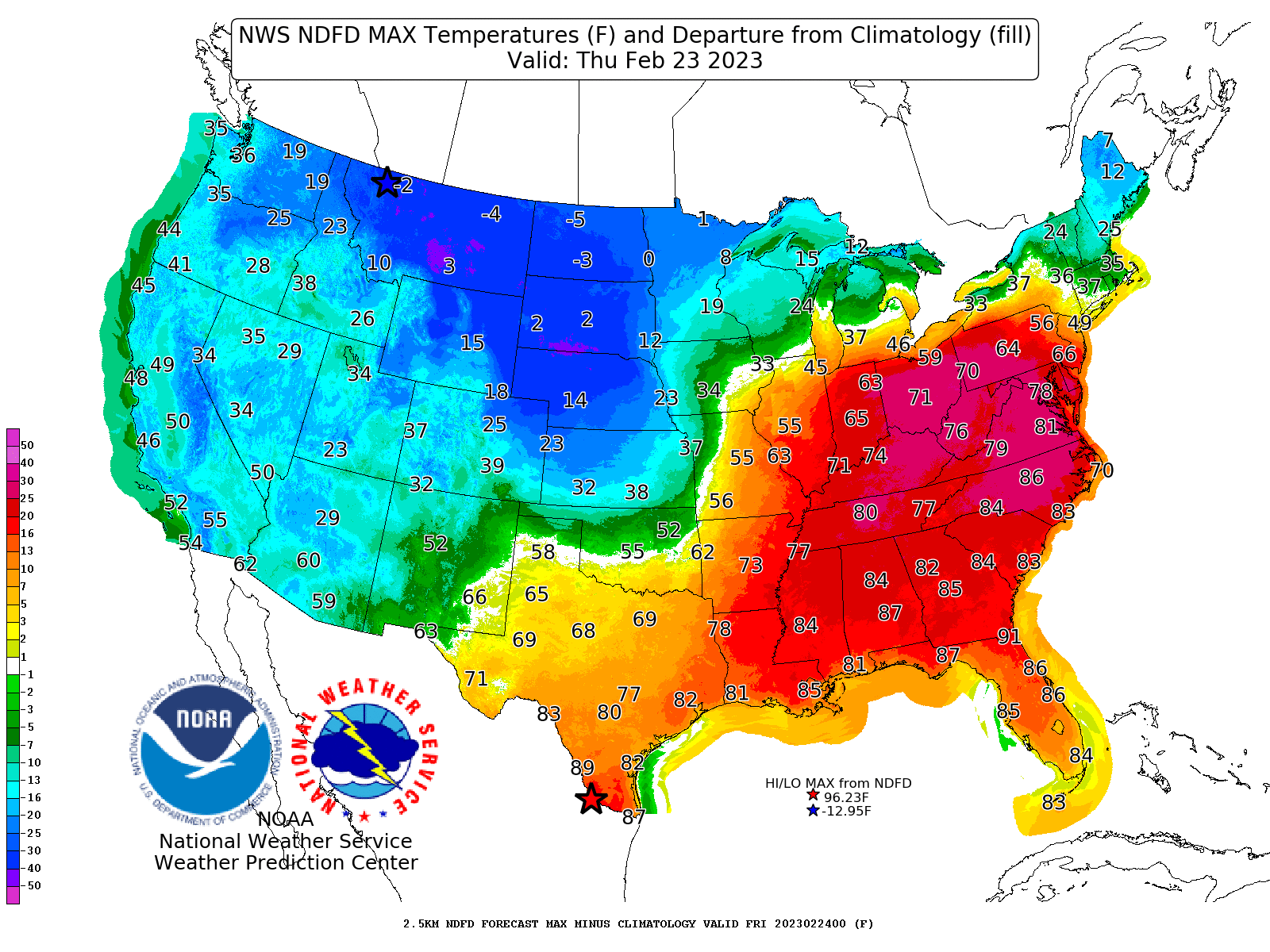 Expected high temperatures on Thursday, Feb. 23, 2023