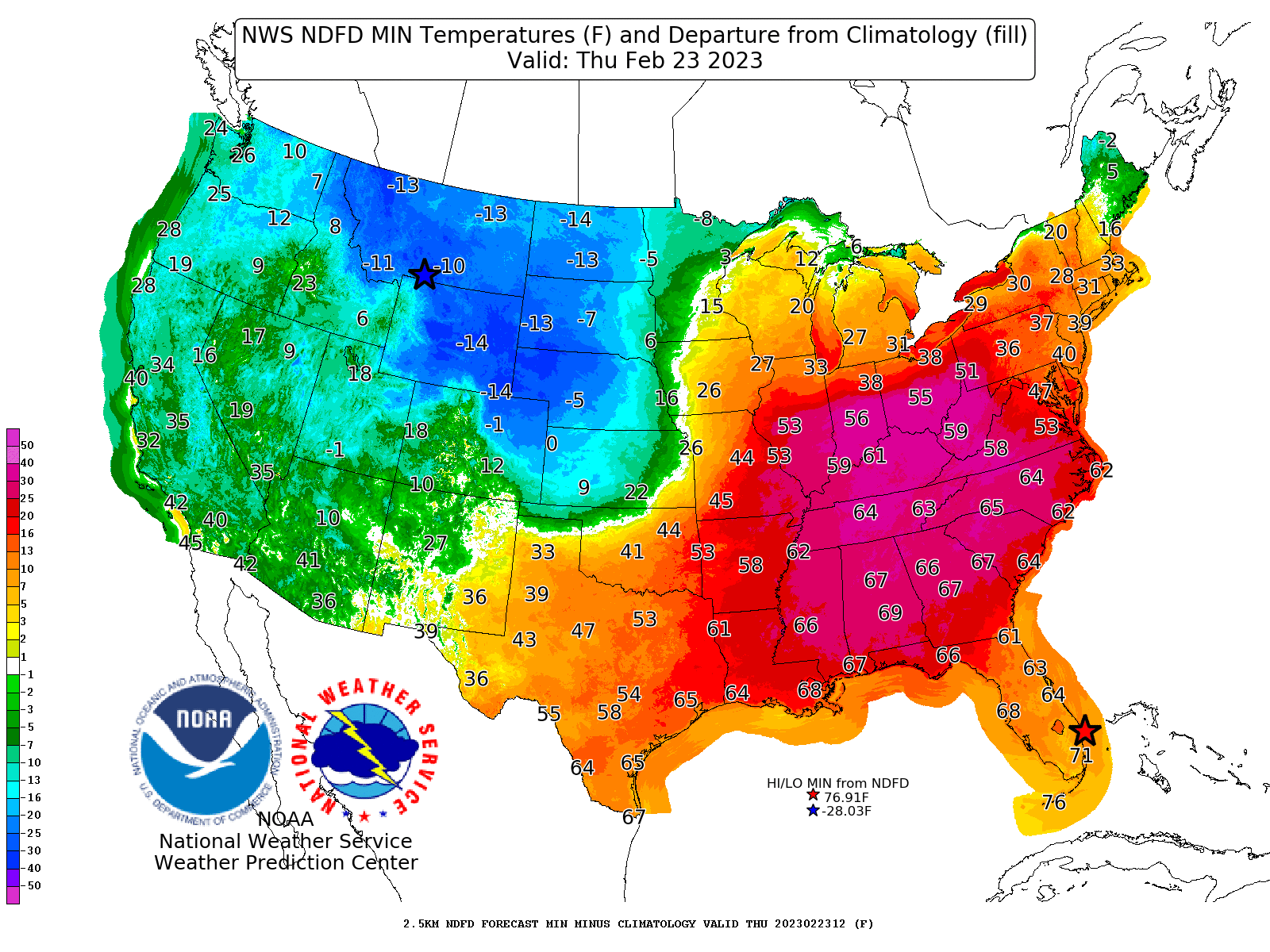 Expected low temperatures on Thursday Night, Feb. 23, 2023