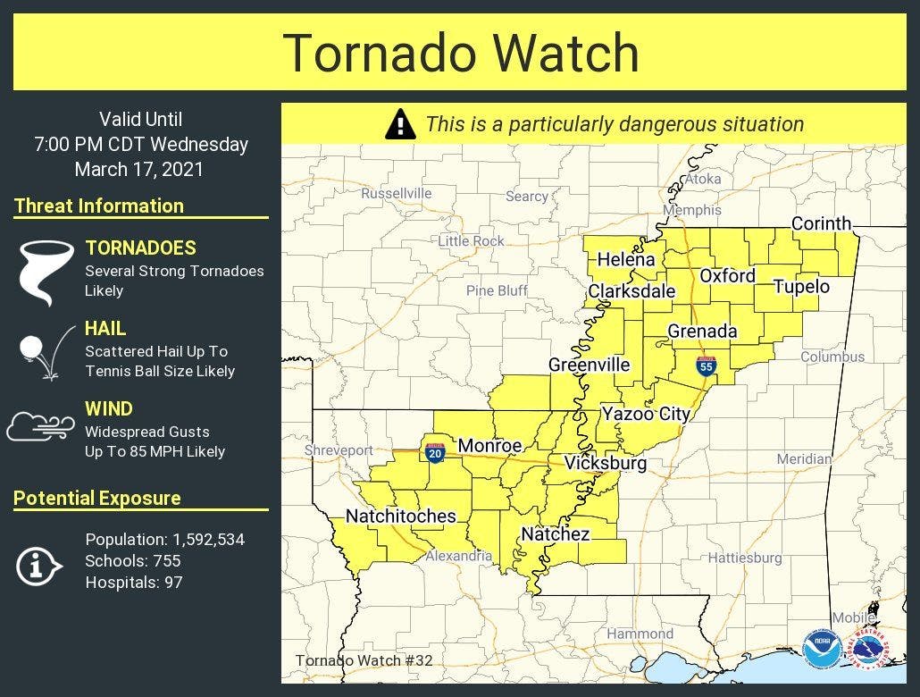 tornado watch for western mississippi, southeastern Arkansas, and northern and northeast Louisiana until 7pm CT.